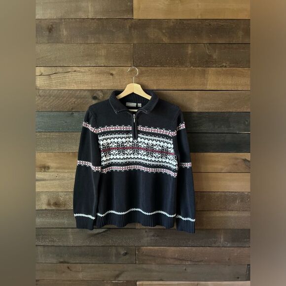 Vintage Croft & Borrow Snowflake Knit 1/4 Zip Black & Maroon Sweater Size Large - Picture 7 of 8